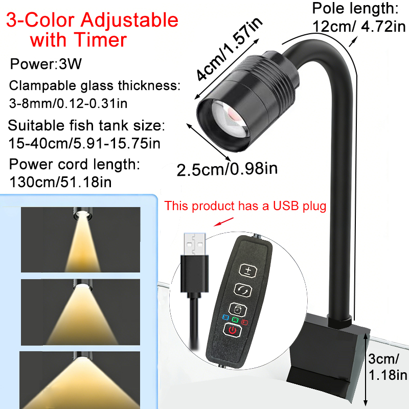 Aquarium Marine Lights - USB 3W Südamerikanischer Aquarium-Strahler, 3-Farben dimmbar,